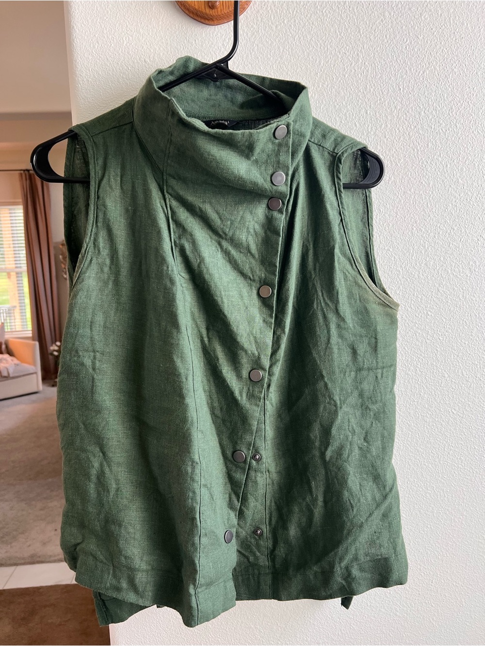 Sleeveless High-Collar Button Front Top - Olive Green